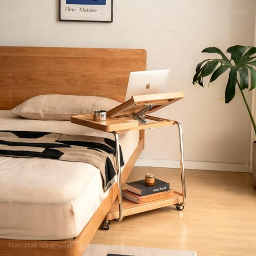 YESWOOD Adjustable C-Shaped Couch Table with Lockable Wheels – Rolling Small Space Side Table, Solid Wood End Table for Sofa, Bed & Living Room(Natural,16.41" D x 24.4" W x 24.52" H) - color: Natural