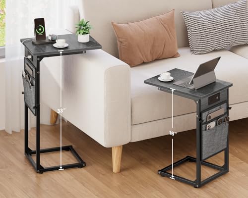 C-Shaped End Tables Set of 2 with Charging Station, 33'' Tall C Table Adjustable Height Side Table for Couch, Small Couch Table that Slide Under Sofa, TV Trays for Living Room, Gray Walnut - color: 2pc Gray Walnut, style: With Plug