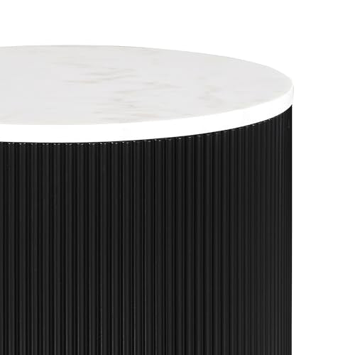 Furniture of America Beryl Modern Round White Genuine Marble Top End Table with Fluted Pedestal Base and Gold Stainless Steel Accent, Low Profile Table for Living Room, Home Office, Black - size: End Table, style: Round