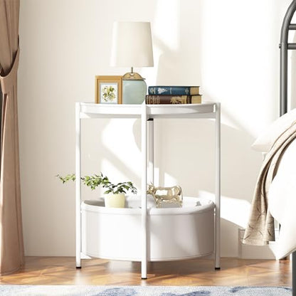 Garden 4 you Side Table with Fabric Storage Basket, Round Metal End Table, Small Bedside Table Nightstand with Removable Tray, for Nursery, Living Room, Bedroom, Bathroom, White - color: White