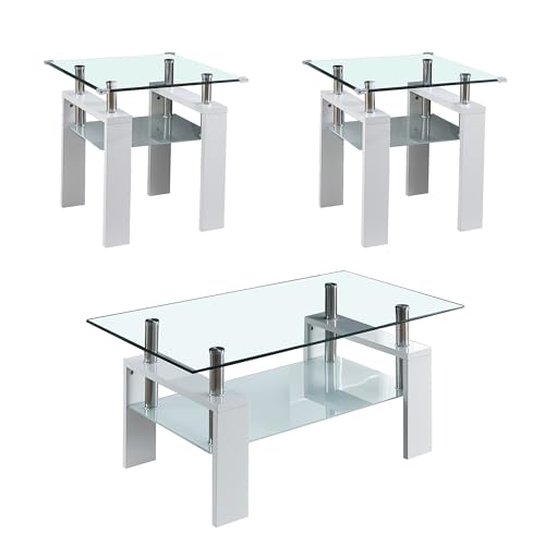 Living Room Set of 3 with 1 Coffee Table and 2 End Tables, Modern White 3 Piece Glass Coffee Table Set with Storage Shelf for Apartment, Office, Easy to Assemble - color: White, size: Coffee Table + 2 End Table
