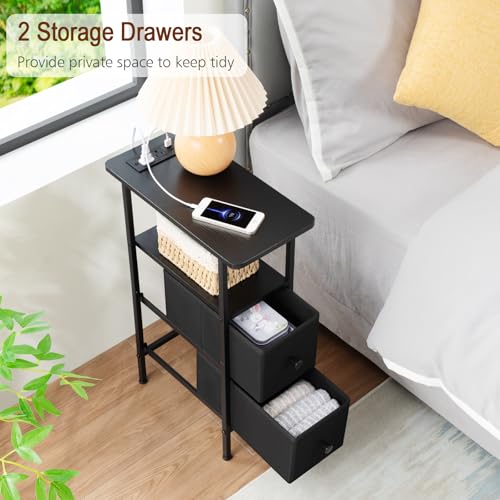 LOAKEKEL Narrow Nightstand with Charging Station, End Tables Living Room Set of 2, Skinny Side Table with Fabric Drawers, Slim Sofa Table for Bedroom, Small Spaces, Couch, Black, HETNDP02BK - color: Black, style: Power