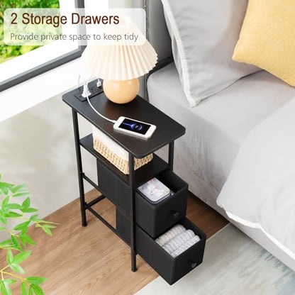 LOAKEKEL Narrow Nightstand with Charging Station, End Tables Living Room Set of 2, Skinny Side Table with Fabric Drawers, Slim Sofa Table for Bedroom, Small Spaces, Couch, Black, HETNDP02BK - color: Black, style: Power