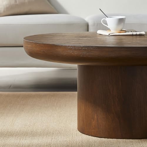 Round Coffee Table 36" Wood for Living Room Large Modern Solid Wooden Drum Circle Farmhouse Center Mid-Century Sofa Side Coffee Tables for Apartment Home Furniture Cocktail Tea Brown Easy Assemble - color: 36" Brown