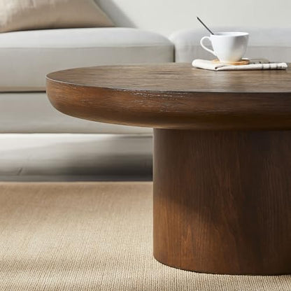 Round Coffee Table 36" Wood for Living Room Large Modern Solid Wooden Drum Circle Farmhouse Center Mid-Century Sofa Side Coffee Tables for Apartment Home Furniture Cocktail Tea Brown Easy Assemble - color: 36" Brown