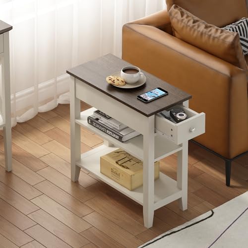 ChooChoo Side Table Living Room, Narrow End Table with Drawer and Shelf, 3-Tier Sofa End Table for Small Space, White and Brown - color: Farmhouse White
