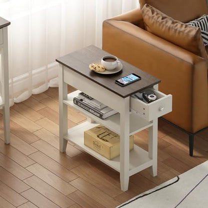 ChooChoo Side Table Living Room, Narrow End Table with Drawer and Shelf, 3-Tier Sofa End Table for Small Space, White and Brown - color: Farmhouse White