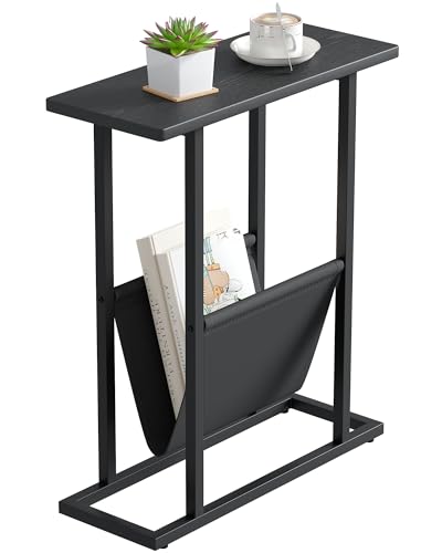 Yusong Narrow Side Table for Small Spaces, Small End Table with Magazine Holder, Skinny Slim Little Thin Table for Living Room, Bedroom, Sofa, Black Oak - color: Black, size: 16.5"W
