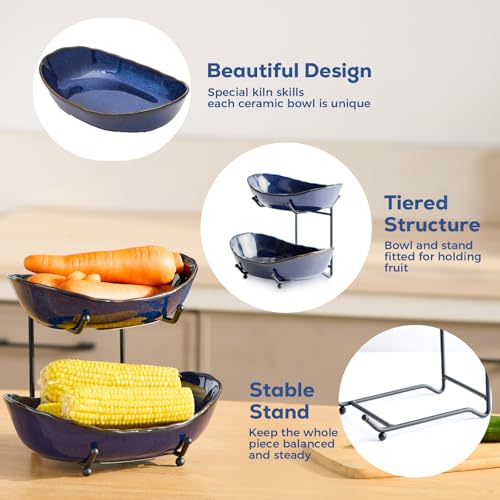 DUJUST 2 Tier Fruit Bowl, Kiln Altered Glaze Ceramic Fruit Stand, Stackable & Easy to Store, Multifunctional Serving Tray for Fruit/Vegetables/Snacks, Microwave & Dishwasher Safe - Dark Blue - color: 2-Tier Dark Blue