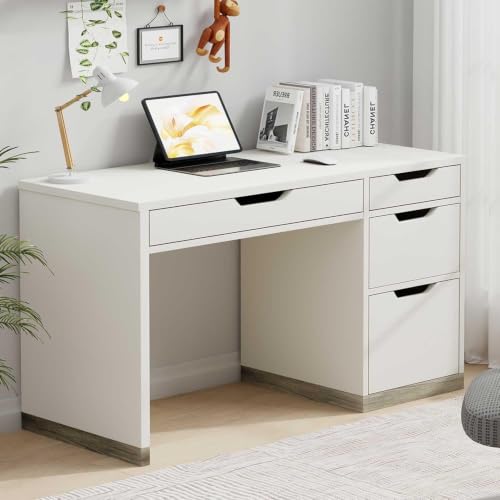 MaverickFurni White Desk with Drawers, 48 Inch Small Computer Desk with 4 Storage Drawers for Small Space, Home Office Desk for Bedroom with Storage File Drawer - color: White, size: 48 Inch