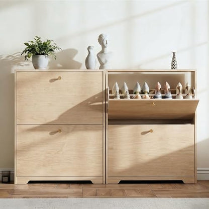 Nicetree Shoe Cabinet with 2 Flip Drawers, Narrow Shoe Organizer Cabinet, Freestanding Shoe Rack Cabinet, Modern Shoe Storage Cabinet for Entryway, Hallway, Foyer Natural Oak with Hook - color: Natural Oak, style: 2-Drawers with Hook