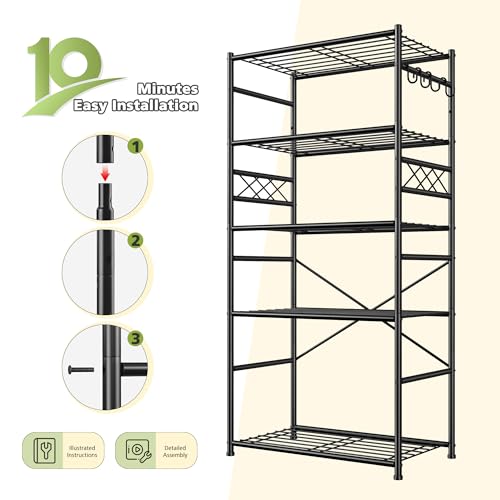DurayLoly Storage Shelves 5 Tier Capacity,Metaling Shelving with Hooks,Heavy Duty Garage Shelves Unit with Leveling Feet,Wire Shelving for Pantry,Kitchen and Closet,23.6" W x 13.8" D x 72.4" H,500lbs - size: 23.6" W x 13.8" D x 72.4" H (5T)