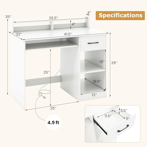 Tangkula White Desk with Drawer & Keyboard Tray, Home Office Desk with Built-in Charge Station & Adjustable Shelf, Study Writing Table with Hutch, Modern Computer PC Workstation