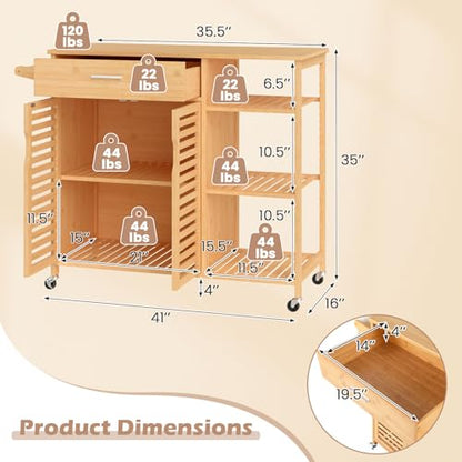 Bamboo Kitchen Island Cart with Storage, Rolling Butcher Block | Large Drawer, 2-Door Cabinet, 3-Tier Open Shelves, Towel Rack, Wheels Included; For Dining Room, Apartment, Small Spaces - size: 41”Lx16”Wx35”H