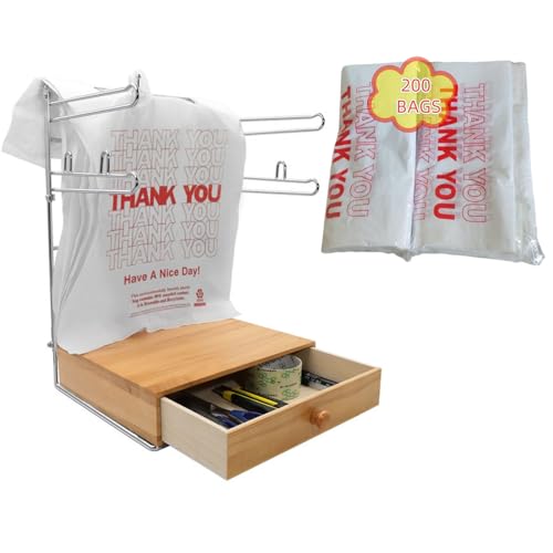 Detachable Plastic Grocery Bag Holder with Wooden Drawers Base, Grocery Bag Holder and 200 Count Plastic Bags, Chrome Plated T-Shirt Bags Rack with Stores, Grocery Store，Supermarkets, Homes, Kitchens