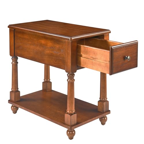 Narrow End Table with Drawer and Storage Shelf, Solid Wood Sofa Side Tables, Slim Beside Table-, Telephone for Small Spaces, Living Room, 22"L x 13"W x 22.7"H No-tools Assembly Caramel Brown BBJ004DR - color: Caramel Brown