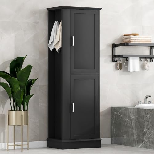 68''Tall Bathroom Cabinet with Storage, Freestanding Storage Organizer Unit with 2 Doors and Adjustable Shelves, Wooden Floor Cabinet with Hooks for Bathroom Laundry Room, Black - color: Black, size: 14"D x 21"W x 68"H