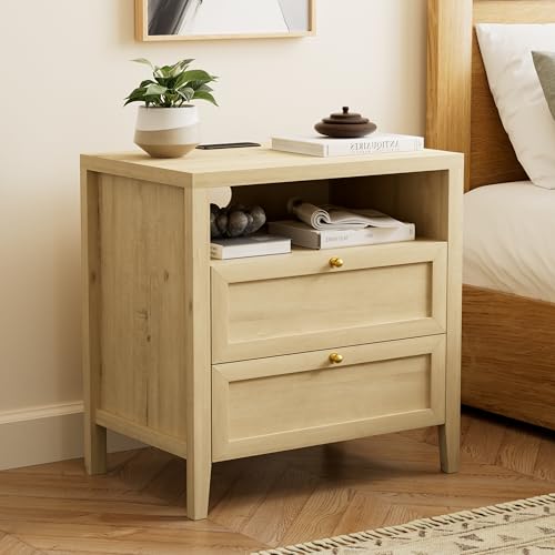 Farmhouse End Table with 2 Drawers, Wooden Nightstand with Open Storage Cable Hole Freestanding Wide Bedside Table for Bedroom Living Room Sofa, Light Oak - color: 2 Drawers/Light Oak, size: 1PC