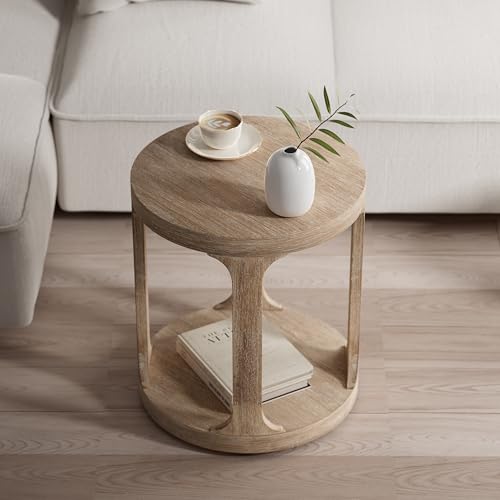 COZAYH Farmhouse Small End Table Coastal Low Wood Side Table, Wood Grey | Rustic Round Pedestal Table for Small Space, Living Room, Office, Couch, Distressed Finish