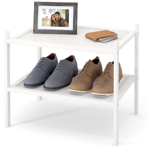 Smiry Bamboo Small Shoe Rack, 2 Tier Shoe Organizer for Closet, White | Stackable Shoe shelf for Entryway, Free Standing Storage for Shoes, Bags & Plants, with Solid Slab Shelves - color: White, size: 2 Tier-17.32" Wide