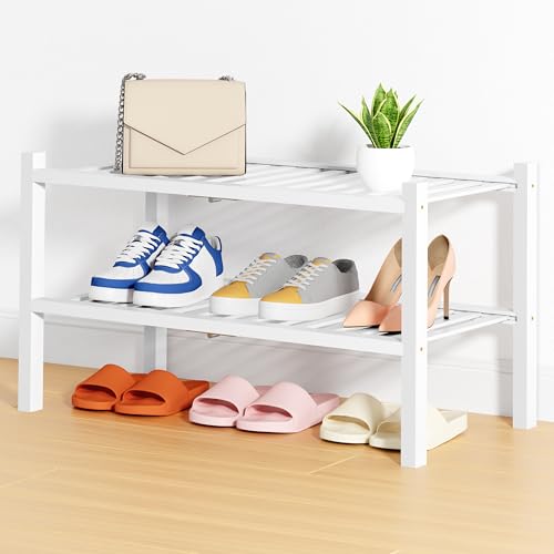Smiry Bamboo Shoe Rack, 14 Vertical Slats, 2 Tier - 26.8" Wide, White | Stackable Free Standing Wooden Shoe Organizer, Wood Shoe Storage Shelf for Closet, Entryway, Thicher Leg - color: White, size: 26.80" Wide - 2 Tier - Thicker