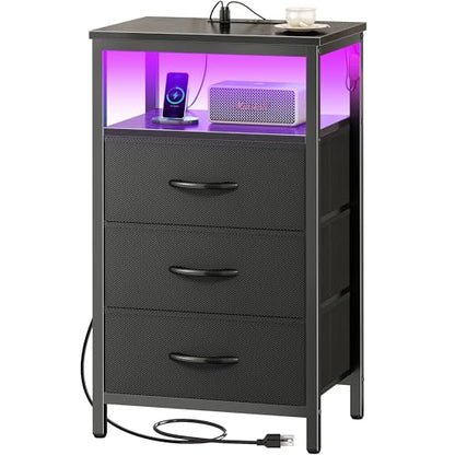 Huuger Night Stand with Charger Station and LED Lights, 3 Drawer Nightstand, Bed Side Table with Open Shelf, End Table, Tall Fabric Dresser for Bedroom, Black - color: Black, size: 11.8"D x 15.7"W x 27.6"H（3 Drawers）