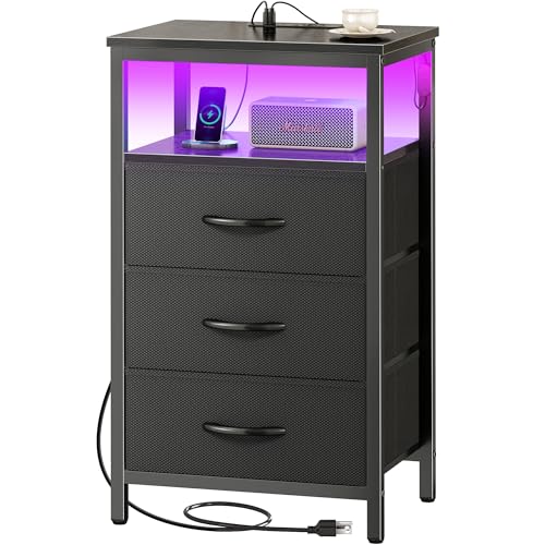 Huuger Night Stand with Charger Station and LED Lights, 3 Drawer Nightstand, Bed Side Table with Open Shelf, End Table, Tall Fabric Dresser for Bedroom, Black - color: Black, size: 11.8"D x 15.7"W x 27.6"H（3 Drawers）