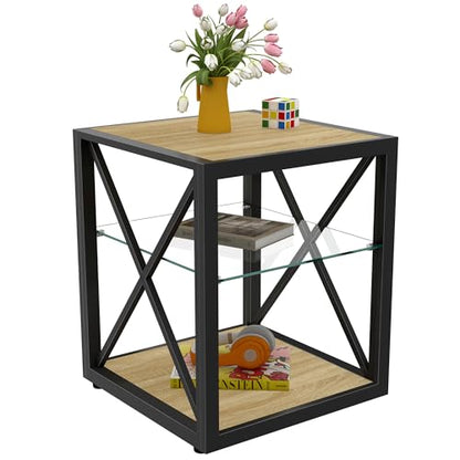 Industrial Side Table with 3-Tier Storage – Tempered Glass Shelf, X-Frame Metal Design, Natural Wood Finish, Compact End Table for Living Room, Bedroom or Office(Product G)