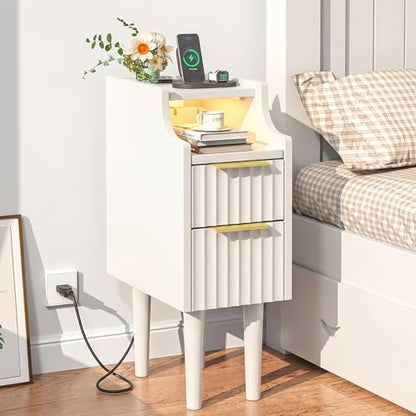 Fluted Narrow Nightstand with Charging Station, Solid Wood Night Stand with 2 Drawers, White Mid Century Modern Led Nightstand, Small Beside Table with Open Storage Shelf for Bedroom （10 inch） - color: White