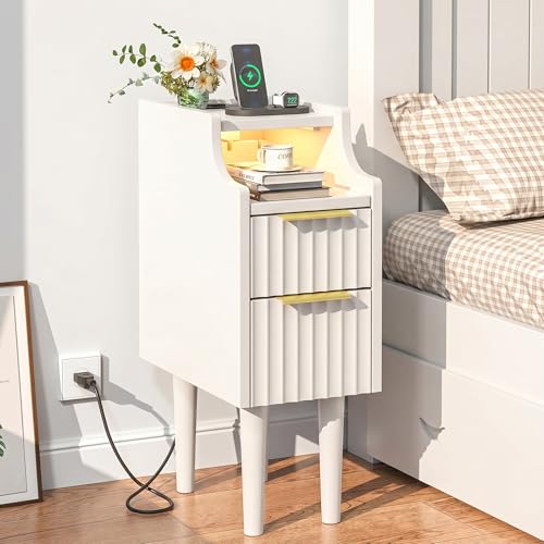 Fluted Narrow Nightstand with Charging Station, Solid Wood Night Stand with 2 Drawers, White Mid Century Modern Led Nightstand, Small Beside Table with Open Storage Shelf for Bedroom （10 inch） - color: White