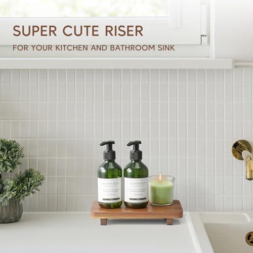 Small Acacia Wood Bathroom Tray Pedestal Stand Farmhouse Kitchen Decor Decorative Wooden Riser Soap Dish Sponge Holder for Vanity, Counter, Sink, 9" x 5.7" - size: 9" x 5.7" x 1.2"