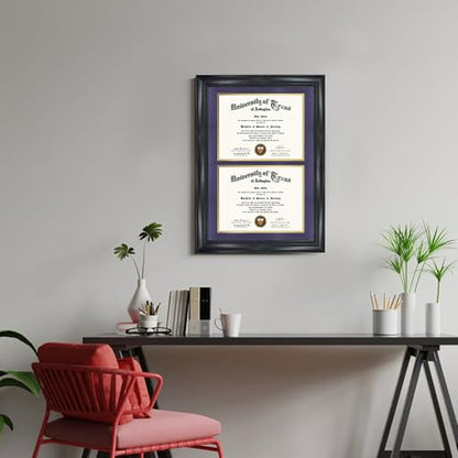 GMFrames Double 8.5x11 Diploma Certificate Frame, Solid Wood & Tempered Glass, Cherry Lacquer Finish & Intricate Rope Detail, Purple over Gold Mat - color: Black / Purple Gold Mat, size: 14x20 for Double 8.5x11