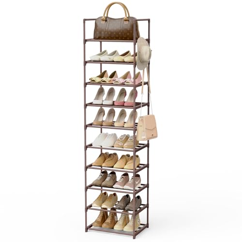 Tall 10 Tier Shoe Rack - 20-24 Pair Storage, Sturdy Metal Shoe Organizer with Hooks for Closet, Entryway, Brown - color: Brown