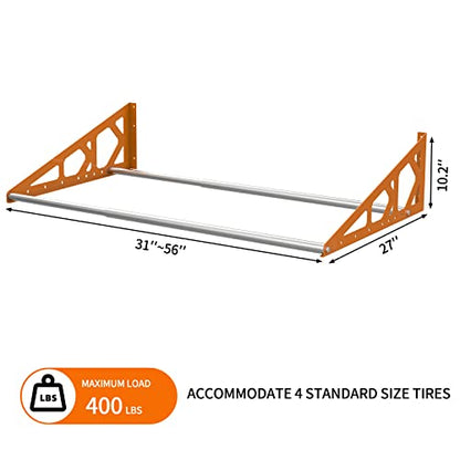 Tire Rack Wall Mount Adjustable 31"-56" Tire Storage Rack Wall Mount wheel rack with Heavy Duty Telescopic RodsSteel 400 Pound Weight Capacity (Orange)