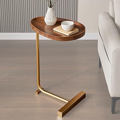 C Shaped Side Table, Small C Table End Table for Sofa and Bedside, Couch Side Tables that Slide Under, Wood C Shaped End Table for Bedroom Living Room, 18”L X 12”W - color: Walnut+golden