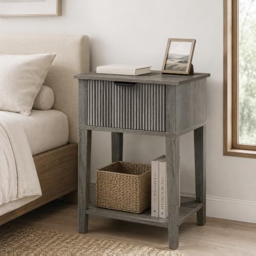 Weathered Gray 15" Wide Small Nightstand, Drawer, Open Shelf, Fluted | Weathered gray tone, ribbed fluted front, 11.8-inch slim depth, concealed storage, cool fit for sofa side or chair side - color: Weathered Gray Fluted, size: 1 Pack