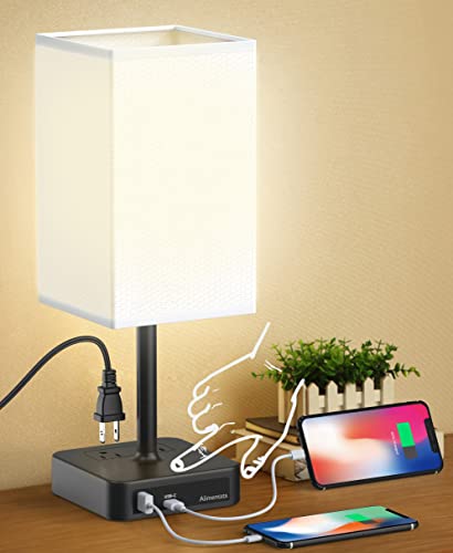 Bedside Table Lamp with Touch Control & USB C+A Charging Ports LED Desk Lamp with 2 AC Outlets, Minimalist Nightstand Light with Black Fabric Shade for Bedroom, Living Room, Office, White - color: 1-White