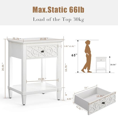 26" Night Stand with Drawers, Painted Bedside Table, Solid Wood Nightstand | Pine Leg and Solid Wood Frame Nightstand, Side Table End Table for Bedroom, Carved Pattern, Distressed White - color: Distressed White