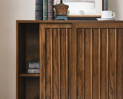 Mid Century Modern Sideboard Buffet Cabinet with 2 Fluted Sliding Door,Small Storage Cabinet with Outlet Holes for Living Room, Kitchen, Entryway, Hallway 32" Walnut - color: Walnut
