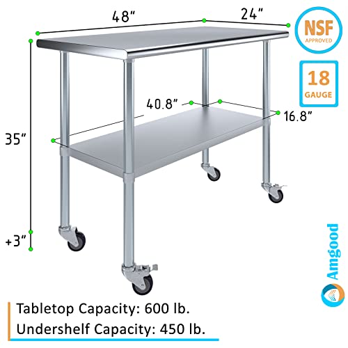 AmGood 48" Long x 24" Deep Stainless Steel Table with Casters - size: 48" Long x 24" Deep