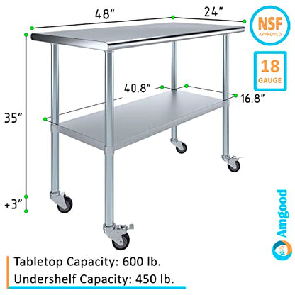 AmGood 48" Long x 24" Deep Stainless Steel Table with Casters - size: 48" Long x 24" Deep