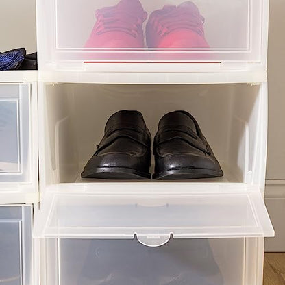 IRIS USA Stackable Shoe Storage Box with Latch Drop Front Door, 6-Pack, for Scarf Game Organizer Container with Ventilation Holes for Closet Under Bed Entryway Storage, Strudy, Wide, Clear - size: 18 Qt Drop Front - 6 Pack
