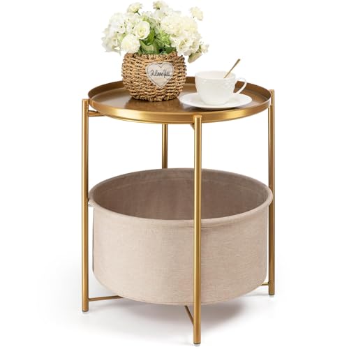 danpinera Gold Side Table with Basket, Small Round Table for Living Room | Metal Modern Nightstand for Small Space, Bedroom, Nursery, Accent Metal Stand with Removable Serving Tray, 20.47 in Tall - color: Gold