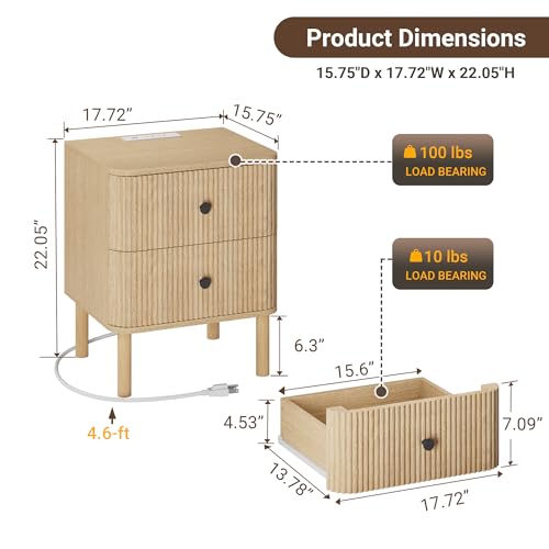Fluted Nightstand Set of 2 with Charging & Rounded Drawer Fronts | 18in Wide, Bedroom, Natural Oak, FSC-Certified MDF, Solid Wood Legs, 2 Drawer, Metal Knobs, Bedside Table, End Table, Modern - color: Natural Oak - Rounded Drawer, size: 18"W