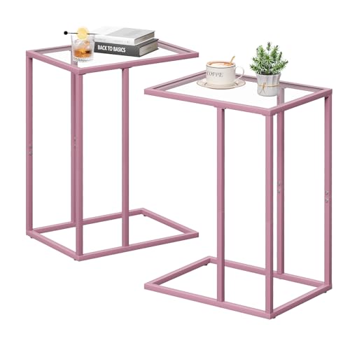 C Shaped End Table Set of 2, Small Side Couch Sofa Tables for Living Room,Glass Tv Tray Snack Dinner Table with Metal Frame, Easy Assembly (Pink) - color: Pink