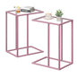 C Shaped End Table Set of 2, Small Side Couch Sofa Tables for Living Room,Glass Tv Tray Snack Dinner Table with Metal Frame, Easy Assembly (Pink) - color: Pink