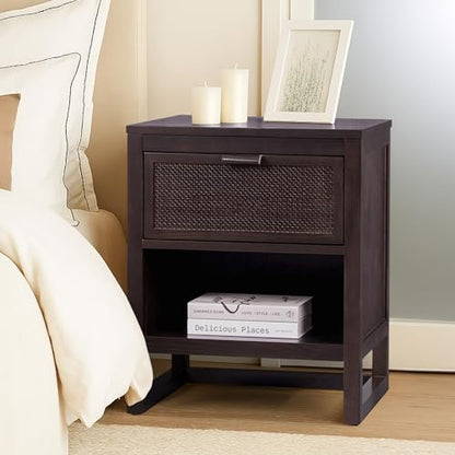 Teamson Home Hatteras 20" W Nightstand with 1 Deep Drawer and Open Shelf Storage in Coastal Modern Style, Ball Bearing Glides, Pine Wood Frames and MDF with Rattan, Espresso Finish | 1 Deep Drawer, Open Shelf Storage, Coastal Modern Style, Pine Wood & MDF