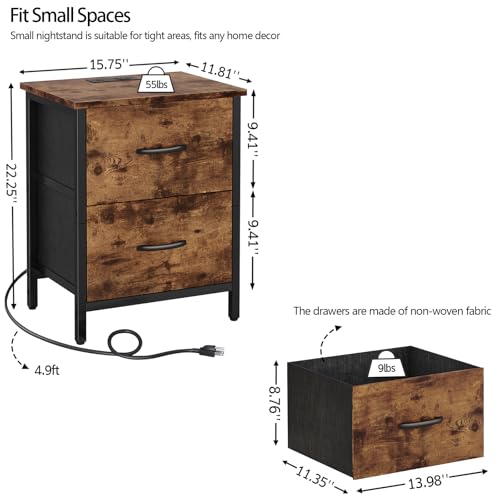 Vagusicc Nightstand with Charging Station, Bedside Table with USB Ports and Outlet, End Table Side Table with 2 Fabric Drawers for Bedroom, Living Room, Rustic Brown - color: Rustic Brown (1 Pack)