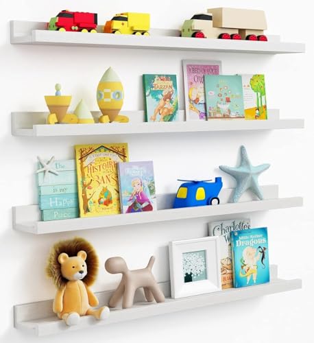 Forbena 36 Inch Floating Shelves for Wall 4-Pack, Large Nursery Book Shelves Bookshelf for Kids Bedroom, Long Picture Ledge Shelf with Lip for Living Room Photo Frames Art Display (White Solid Wood) - color: White, size: 36 Inch