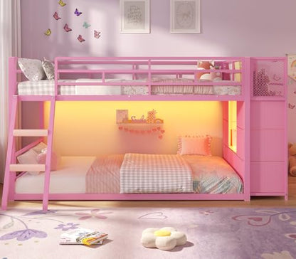 BTHFST Low Bunk Bed Twin Over Twin with 7 Large Fabric Drawers & Bookshelf, Metal Bunk Bed with RGB LED Lights & Slanted Ladder & Safety Guardrail, Space-Saving Kids Low Loft Bed Twin, Pink - color: Pink